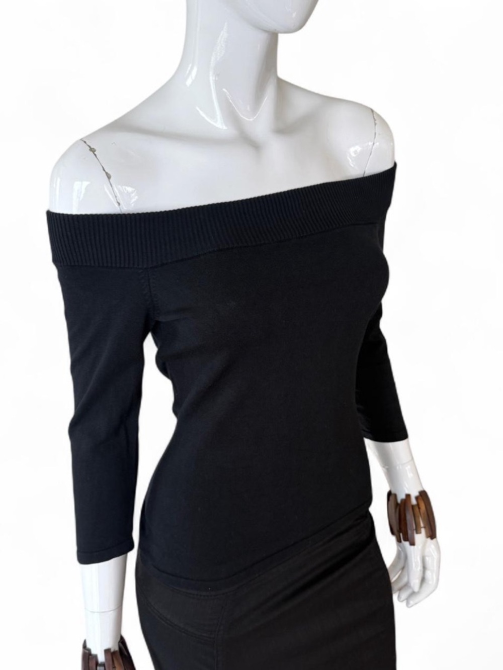 Vintage 90s Stretchy Black Off The Shoulder 3/4 Three Quarter Crop Sleeve Top - Picture 2 of 16